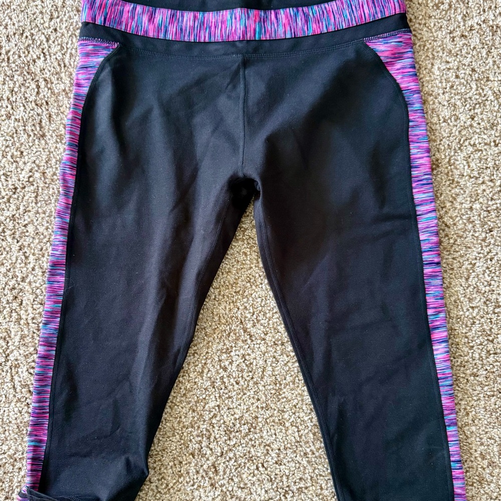 Fabletics Black Leggings with Pink & Purple Space-Dye Trim